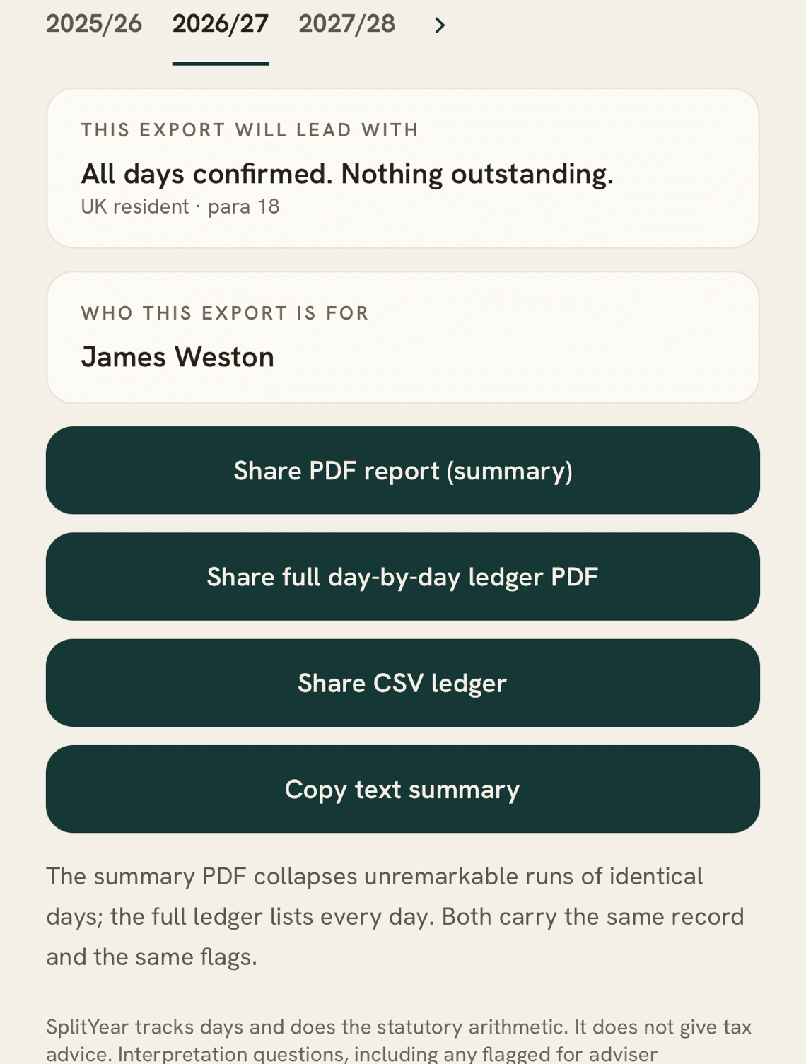SplitYear evidence pack export screen: a completeness conclusion, who the export is for, and options to share a PDF report, day-by-day ledger, or CSV.