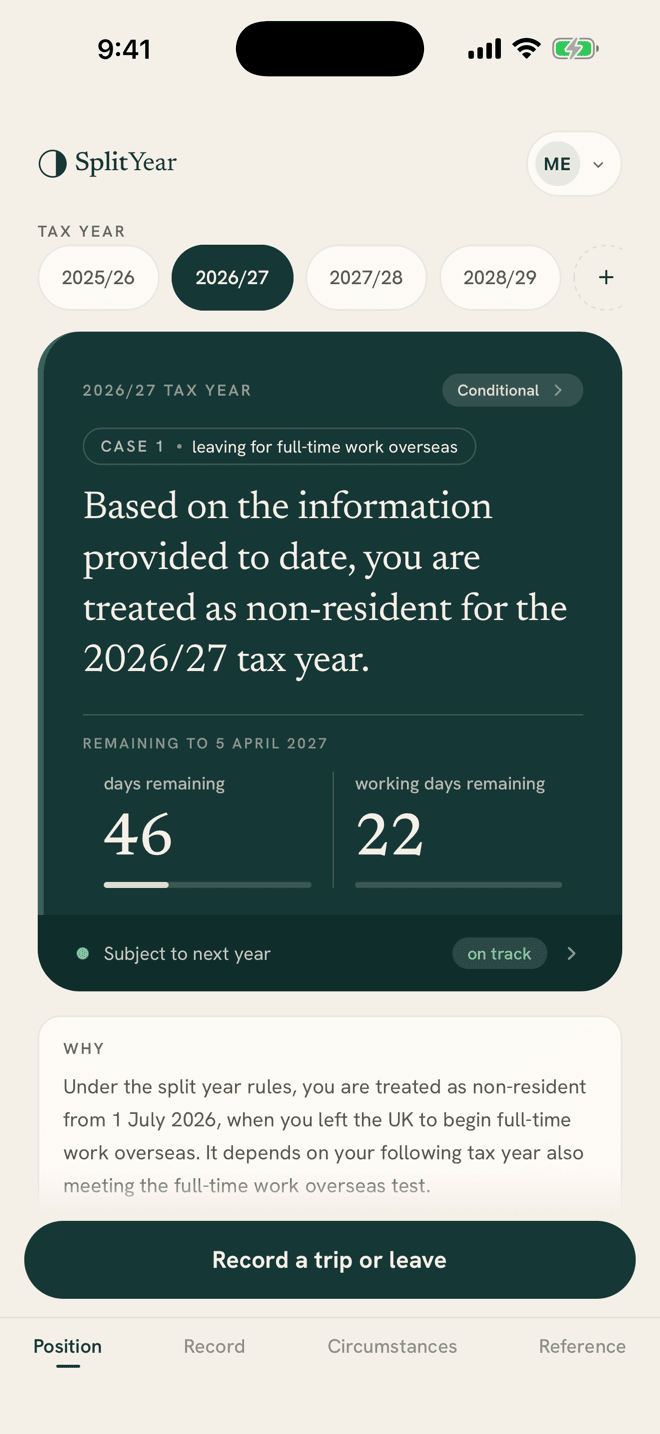 SplitYear Position screen showing your UK residence status for the tax year, with days remaining and the case it rests on.