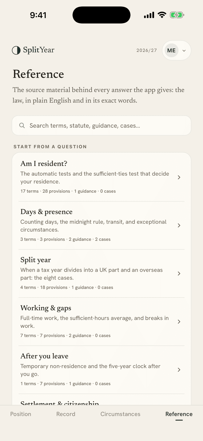 SplitYear Reference screen listing plain-English residence topics, each linked to the underlying statute.