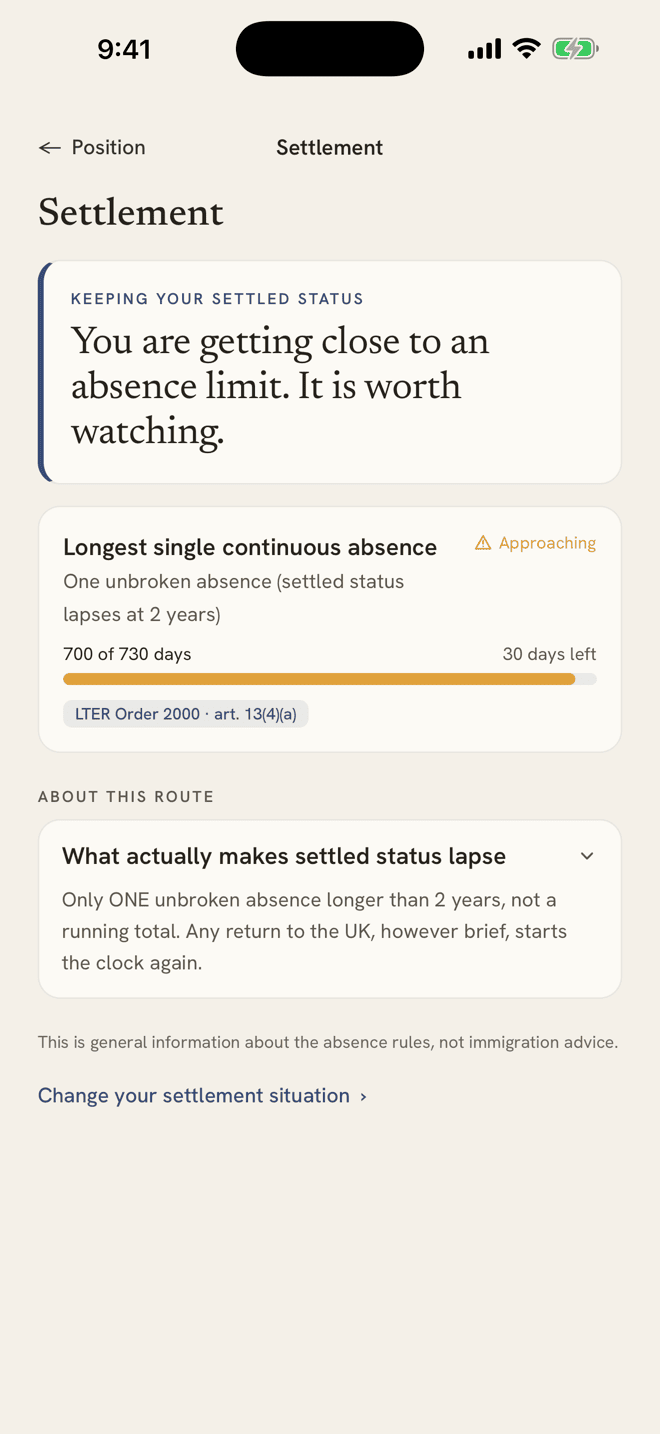SplitYear Settlement screen showing an absence-limit meter tracking days against the continuous-residence threshold for settled status.